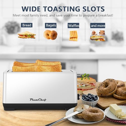 Image of Plum chef 4-Slice KitchenToaster, Extra Wide Long Slot Toaster, 6 Browning Settings, Bagel /Defrost /Reheat Functions, Removable Crumb Tray, Stainless Steel Housing 1350W (Silver)
