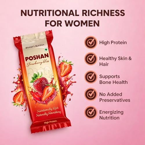 Image of POSHAN Women's Strawberry Nutrition Protein Bar, 40 g | 8g Protein with 4G Fiber |No Added Sugar, 100% Vegetarian & Gluten-Free| Made with Dates, Ragi and Superfoods| No Trans Fat| Pack of 1