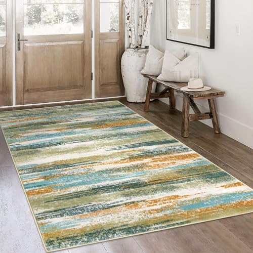 Modern Abstract 4x6 Living Room Washable Rug Non-Slip Soft Bedroom Area Rug Green Mustard Multi Thin Print Faux Wool Floor Carpet Throw Rugs for Nursery Playroom Dining Room Indoor Office