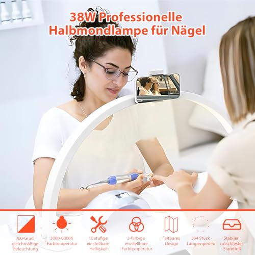 VIHBRAI Halbmond Lampe für Nagel Schreibtisch,Faltbare LED Nageltischlampe für Nail Tech mit Telefonhalter,Nageltisch lampe mit 3 Farbmodi 10 Helligkeiten für Schönheit/Wimpern [E](Halbmond -Weiß)