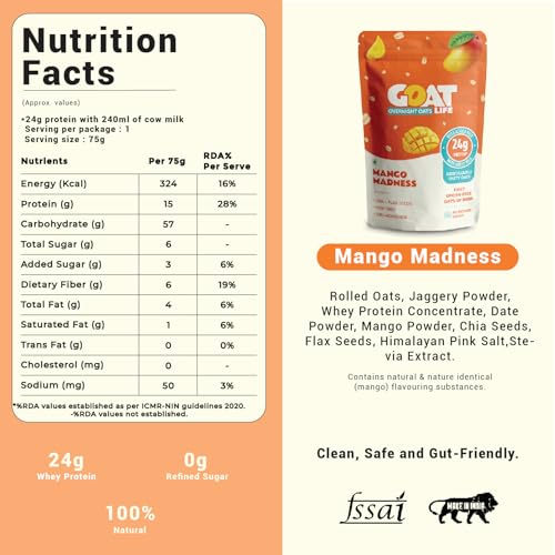 Image of GOAT Life Overnight Oats (75g) | 20g Protein | High Fibre | Nutrient-Rich | No Sugar | Supports Weight Management & Muscle Recovery | Instant Breakfast (Pack of 1, Mango Madness)