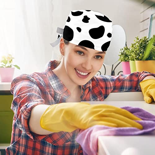Image of 2 PCS Bouffant Cap with Button Ponytail Pouch Working Cap Sweatband Adjustable Surgical Cap Black and White Cow