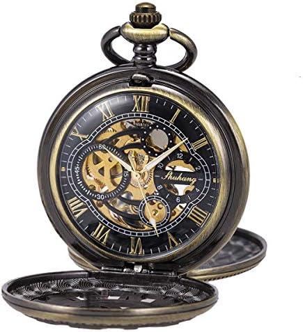SIBOSUN Pocket Watch Skeleton Mechanical Double Case Hand-Wind Roman Numerals Antique Chain Mens