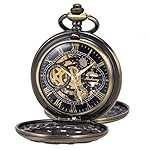 SIBOSUN Pocket Watch Skeleton Mechanical Double Case Hand-Wind Roman Numerals Antique Chain Mens