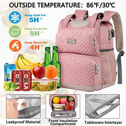 Mogplof Lunch Backpack For Women, Insulated Cooler Backpacks Lunch Box With Rfid Pocket, Water-Resistant Backpack With Usb Port, 15.6 Inch Laptop College For Nurse Work Travel, Pink #TOP1