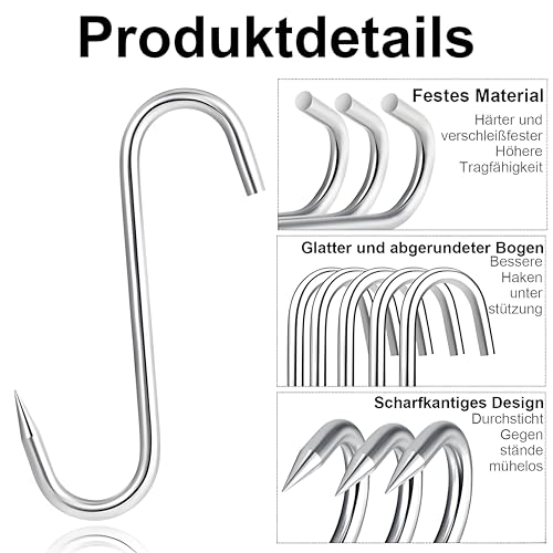 50 kg Belastbar - Fleischerhaken Edelstahl mit Spitze, 10 Stück Fleischhaken - 18cm | Ø 6mm - S Haken Edelstahl, Fleischereibedarf Räucherhaken für Forellen, Räucherhaken, Hängehaken, Metzgerhaken