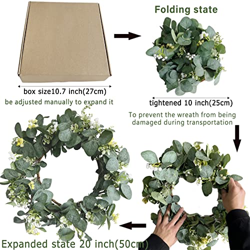 Eucalyptus Wreath For Front Door, Spring/Summer Holiday Artificial Green Greenery Wreath With Gypsophila Flowers, Wall Window Door Wreath Farmhouse Decor 20Inch #TOP1