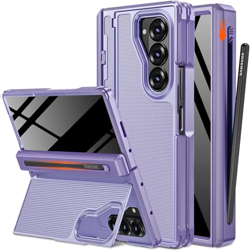 NINKI for Samsung Z Fold 6 Case with S Pen Holder & Hidden Kickstand, Built in Privacy Screen Protector Hinge Full Body Hard Phone Cover for Samsung Galaxy Z Fold 6 Case with Slim S Pen Slot  Purple