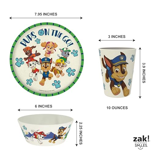 Image of Zak Designs PAW Patrol Kids Dinnerware Set 3 Pieces, Durable and Sustainable Melamine Bamboo Plate, Bowl, and Tumbler are Perfect For Dinner Time With Family (Chase, Marshall, Skye & Friends)