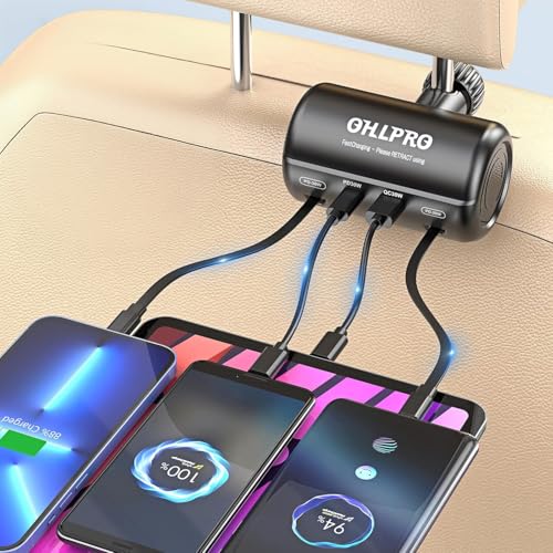 OHLPRO 4-in-1 Multi-Car Retractable Backseat Charging Station with 2-Port PD/QC 40W Fast Car Charger Adapter for All Phones, Fit for Taxi, Uber, Lyft, Rideshare, USB/Type-C/USB i Charge Ports