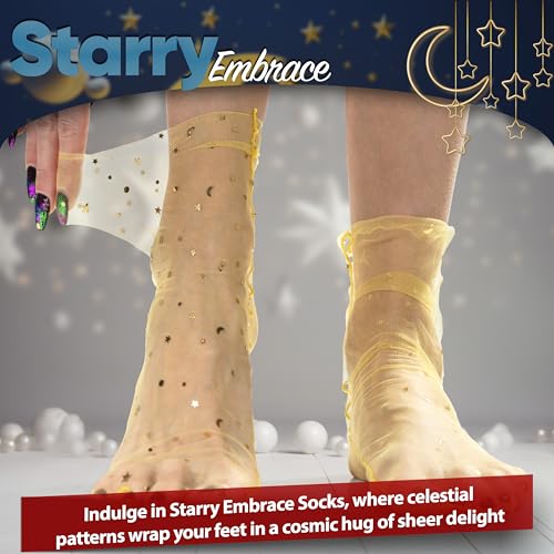 Image of Marigold Yellow Radiance: Women Sheer Slouch Tulle Socks | Shiny Glitter Novelty Decorated Loose Socks with Stars & Moon - Ankle High 1 Pair (US sizes 5-8)