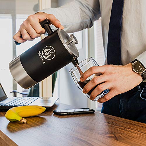BARVIVO French Press Coffee Maker - Best for Brewing Your Favorite Cup of Coffee or Tea - Comes with a Small Portable Travel Jar - The Black Double Insulated Stainless Steel body holds 34oz
