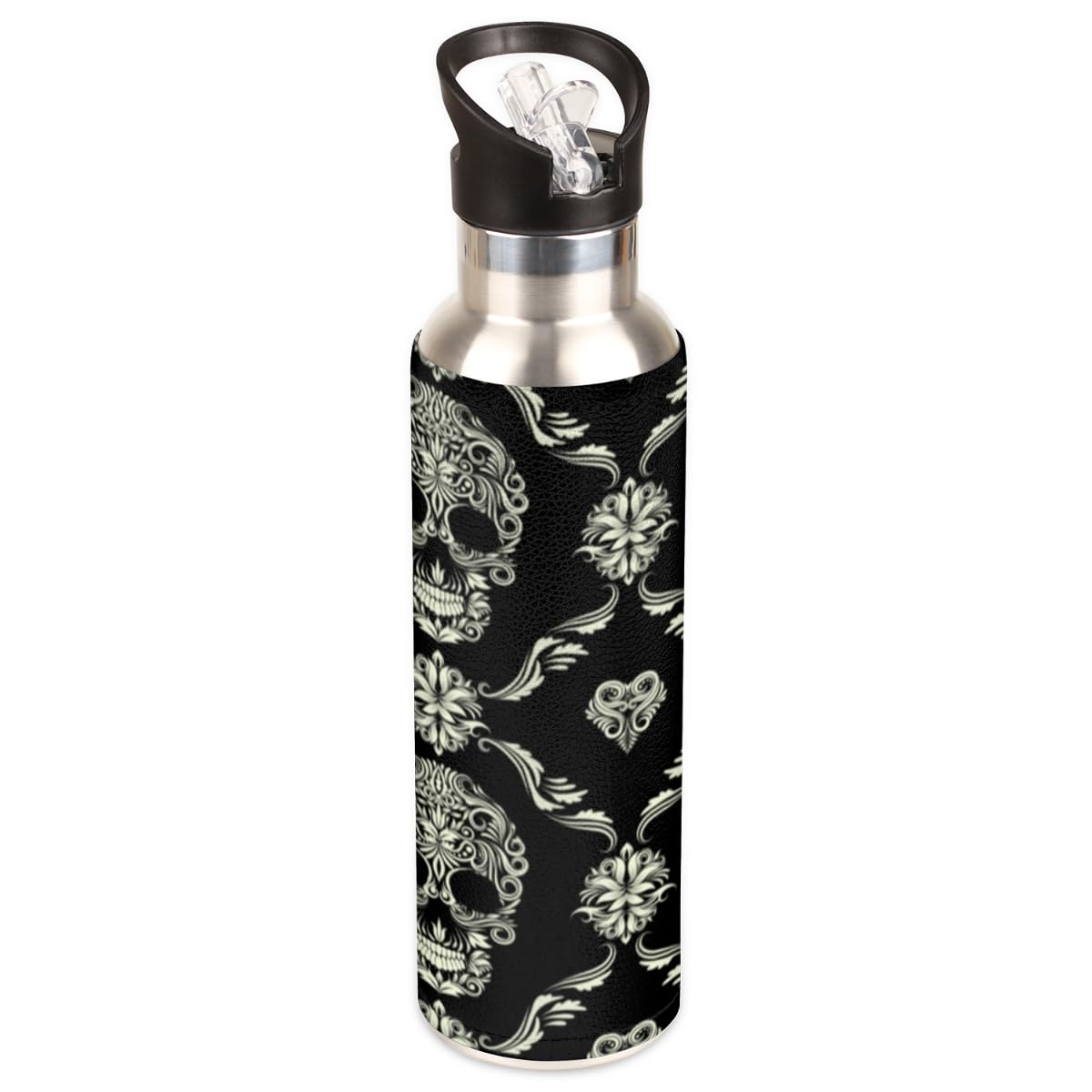 Edelstahl-Trinkflasche Mit Strohhalm – 900 Ml, Doppelwandig, Vakuumisoliert, Auslaufsicher, Graues Totenkopf-Motiv