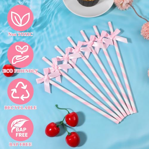 150 pitillos desechables de papel con moño rosa y blanco miniatura 3