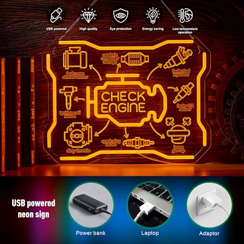 Image of Check Engine Light Neon Sign, Check Engine Light Commen Causes Issues List Decor for Man Cave Decor, LED Garage Wall Art, Funny Gifts for Car Guys & Dad, Auto Repair Shop Mechanics Workshop Sign, USB Powered,16.5x12.5in Inch