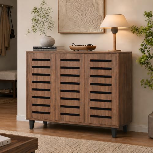 Image of Metro Three Door Engineered Wood Shoe Cabinet | Spacious Shoe Rack with Ventilated Slatted Doors | Modern Shoe Storage Organizer for Entryway, Hallway & Living Room | Walnut Finish