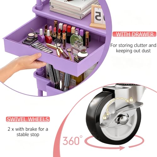 Image of REBECAT 3 Tier Rolling Cart with Drawer, Utility Storage Cart on Wheels for Kitchen, Bathroom, Living Room,Office(Purple)