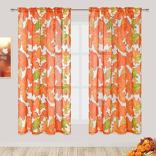 FRAMICS Thanksgiving Sheer Curtains 63 Inch Length for Bedroom Fall Maple Leaves Semi Sheer Window Treatment Autumn Falling Leaf Window Curtains Rod Pocket Window Drapes for Living Room Patio