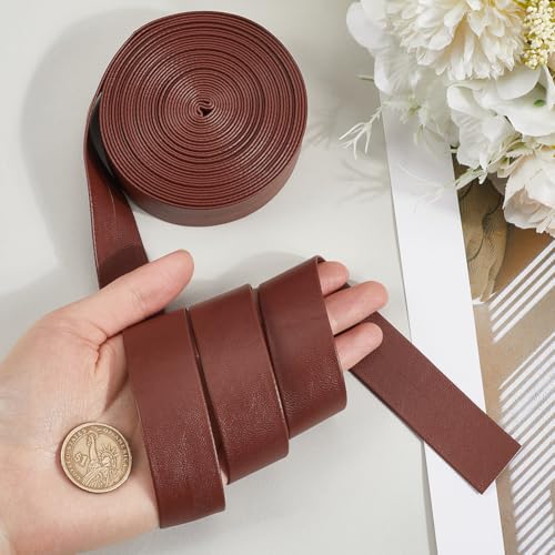 GORGECRAFT 5m x 25mm x 1mm Foldover Leather Strap PU Leather Trimming Tape Lambskin Texture Flat Leather Cord String PU Leatherette Strips Trim Ribbon for DIY Sewing Crafts Tooling Workshop Sienna - Image 3
