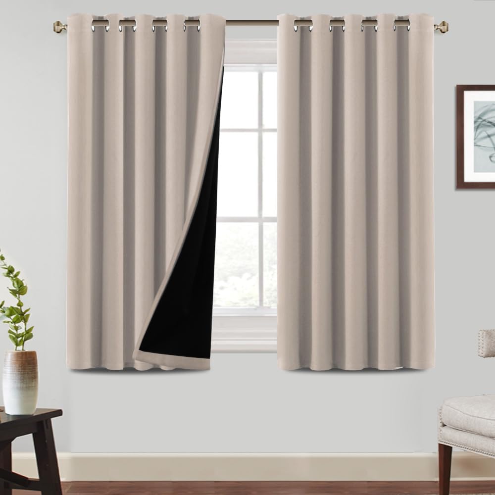BellaHills 100% Blackout Curtains for Bedroom Thermal Insulated Blackout Curtain Heat and Full Light Blocking Eyelet Curtains for Living Room with Black Liner 2 Panels