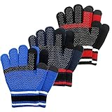 [夢の物] ニット手袋 子供 男の子 スマホ対応 滑り止め付き 五本指 厚手 通園 通学 雪遊び アウトドア 秋冬 防寒 防風 あったかい ３双組 3s（6-9歳）