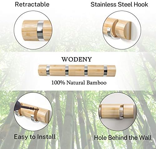 WODENY Bamboo Wall Mounted Coat Rack, Towel Hook Hanger Space Saving Modern Sleek with Retractable & Flipped Smooth Kirsite Hooks for Hanging Towels Keys Hats Heavy Duty Shower Wall(Natural, 4 Hooks)