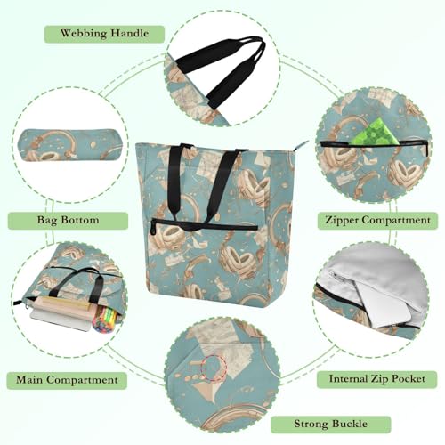 Decorative Cute Book Tote Bag for Kids Adults, Blue and White Cartoon Headphones Water-resistant Teacher Tote Bags Handbags with Inner Pockets for College Shopping Beach Rainbow de tela para3
