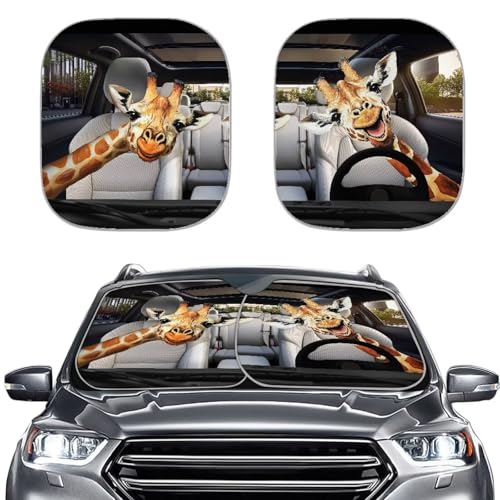 Image of Cute Giraffe Sunshade Visor Foldable 2-Piece Car Windshield Sunshades Auto Sun Visor Heat Protection Removable Automotive Accessories Front Window for Trucks SUV Van