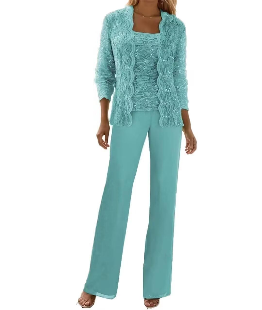 3 Pezzi Pizzo Chiffon Madre della Sposa Pantaloni Abiti con Giacche Paillettes Abiti da Sposa per Le Donne