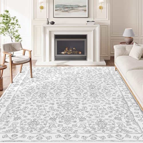 Floral Area Rug 6x9 Washable Grey Carpet Non Slip Large Boho Thin Farmhouse Throw Accent Rug for Living Room Bedroom Office Kitchen Bathroom