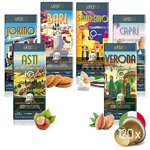 Artuzzi 120ct Flavored Espresso Pods for Nespresso Original Machines | Caramel Chocolate Vanilla Cookie Almond Hazelnut I Italian Coffee Capsules Aluminum & Recyclable