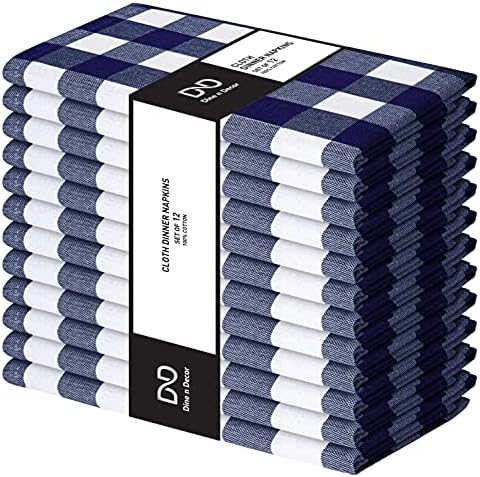 Dine n Decor Buffalo Plaid Cloth Napkins 100% Cotton - Ideal for Events Wedding Christmas Easter - Perfect Everyday Use Cloth Napkins 18x18 - Set of 12 Gingham Check Napkins- Blue White