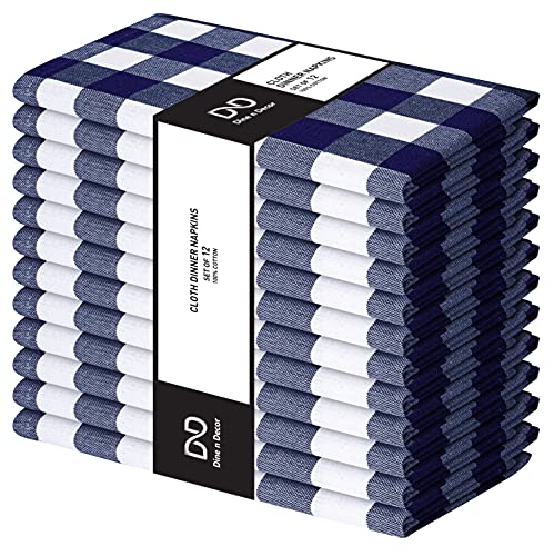 Dine N Decor Buffalo Plaid Cloth Napkins 100% Cotton - Ideal For Events Wedding Christmas Easter - Perfect Everyday Use Cloth Napkins 18X18 - Set Of 12 Gingham Check Napkins- Blue White #TOP11