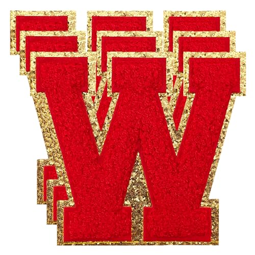 TXSN 3PCS Red Chenille Letters Patch, Large Size 4-1/2" Iron on Letter Patches Varsity Glitter Patches for Clothing, W