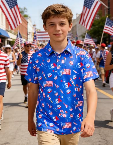 Cuddomper Boys Flag Polo Shirt Fashion 4th of July Short Sleeve Size 11 12 Kids American Celebration Cool School Uniform Active Golf Shirts — view 2