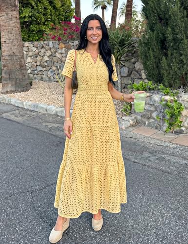Image of ZESICA Women's 2026 Summer Short Sleeve Maxi Dress Casual V Neck Hollow Out Eyelet Ruffle Swing A Line Long Dresses