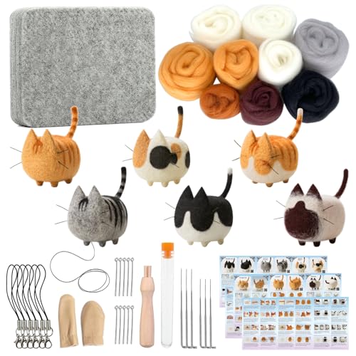 Needle Felting Kit, DIY Crafts for Adults Women, Hobby Kit with Felting Supplies,Felting Needles, Felting Wool and Tools for Beginners, Adult Craft Kits, Cat Kits 6pcs