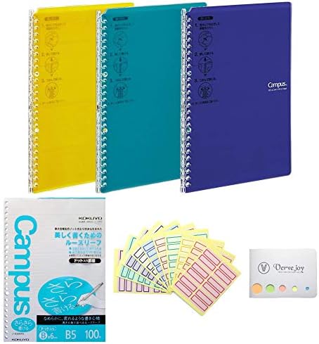 Kokuyo Campus Smart Ring Binder - B5-26 Rings/Blue Green, Purple, Yellow and Pre-Dotted Loose Leaf Paper and Color Index and Original Sticky Note Set (3 Color)