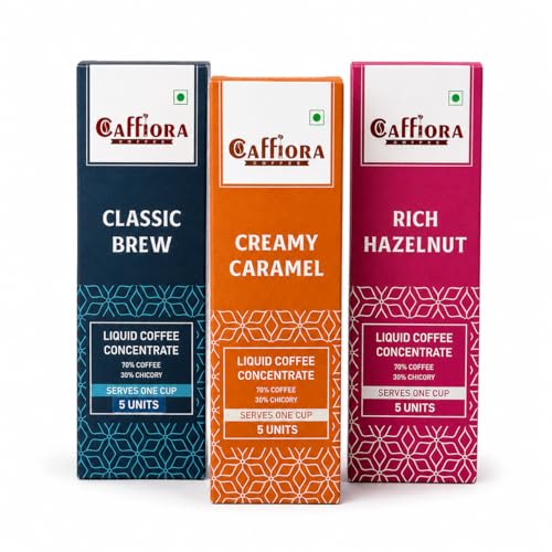 Image of Caffiora Liquid Coffee Concentrate | Triple Flavour Combo | Classic Brew + Creamy Caramel + Rich Hazelnut | 15 Sachets (3 x 5 x 20ml) | Instant Coffee | Sugar Free | Hot & Cold