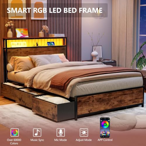 Image of Forestell Full Size Bed Frame with 2-Tier Storage Headboard & 6 Drawers