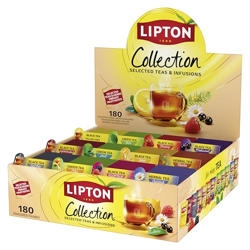 Lipton, Séléction Détente, Nouveau Coffret Thé et Infusions, 12 Goûts Différents, Thé Vert, Thé Noir et Infusions, Infusion à Froid ou Chaud, 1 Boite de 180 Sachets