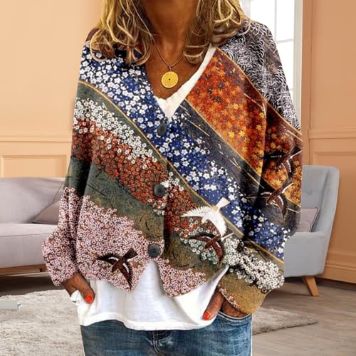Cardigan Sweaters for Women Fall Casual Floral Printed Long Sleeve Button V-Neck Open Front Lightweight Loose Outwear2