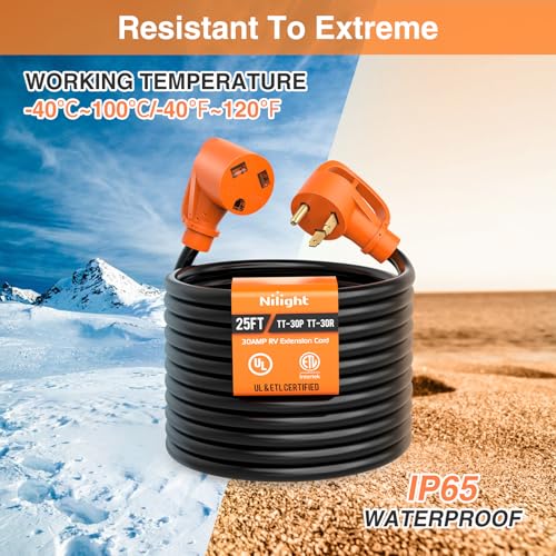 Image of Nilight 25FT 30 Amp RV Extension Cord with Adapter 50Amp to 30Amp 125V Heavy Duty 10 /3 Gauge Pure Copper STW Wire UL ETL Listed 3 Prong TT-30P TT-30R Weatherproof Suit for Generators Campers