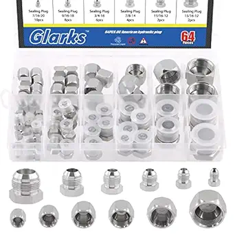 Glarks 64Pcs 12 Sizes Hydraulic Hose Tube and Pipe Fitting Kit, 37 Degree JIC Cap and Plug Assortment Kit, Steel Flare Fitting Set w Precision Threading, Dash Sizes 4 6 8 10 12 16