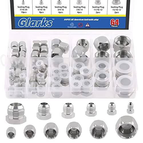 Image of Glarks 64Pcs 12 Sizes Hydraulic Hose Tube and Pipe Fitting Kit, 37 Degree JIC Cap and Plug Assortment Kit, Steel Flare Fitting Set w Precision Threading, Dash Sizes 4 6 8 10 12 16
