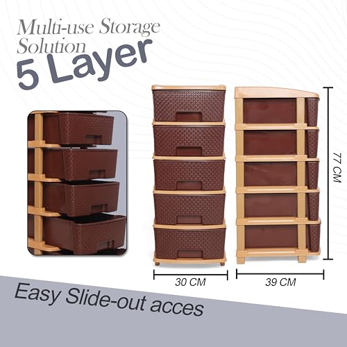 Image of Plastic Modular Drawer Storage Chest Of Drawers Organizer Storage Box, Large Stomo Racks For Multipurpose Anti-slip Shoes Organizers (Brown, 5 Layer)