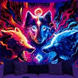 WEBEEDY Tapisserie Loup Noir Réactive aux UV avec Effet Luminescent dans le Noir Tapisserie Murale Loup pour Salle de Jeu Gamer Décoration Intérieure pour la Maison 150x130cm