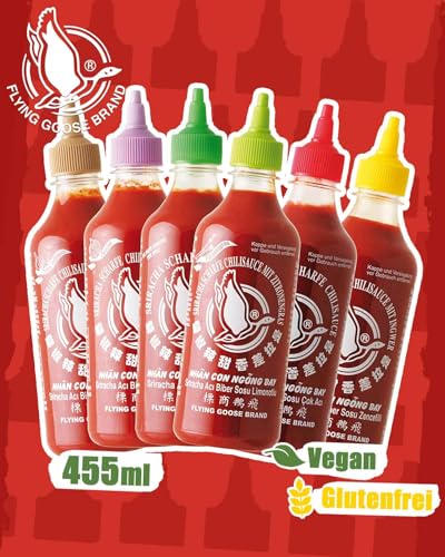 Foto von FLYING GOOSE Sriracha scharfe Chilisaucen Mischkarton in 6 Geschmacksrichtungen, Würzsaucen aus Thailand zum Würzen, Dippen und Verfeinern, 6 x 455ml Multipackung