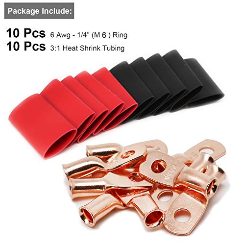 Image of 10pcs 6 AWG-1 /4 inch Battery Lugs,Copper Wire Lugs,UL Listed Heavy Duty Battery Cable Ends,Tubular Ring Terminals,AWG Crimp Wire Ring Lugs,Battery Terminal Connectors with 3:1 Heat Shrink Tubing