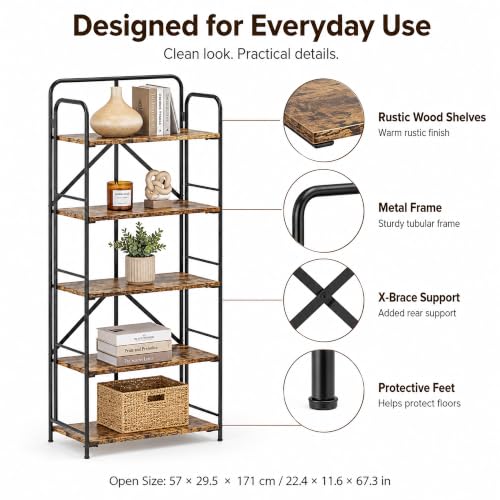 Image of 4NM No Assembly Folding Bookshelf, 5 Tiers Collapsible Book Shelves Open Industrial Foldable Storage Bookcase Shelf for Bedroom, Living Room, Home Office - Rustic Brown and Black